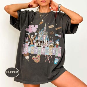 May include: Dark grey t-shirt with a Disney World graphic. The design features Mickey and Minnie Mouse, Donald Duck, Goofy, and Daisy Duck, a castle, balloons, and food icons. The word "Disneyworld" is displayed in a colourful font.