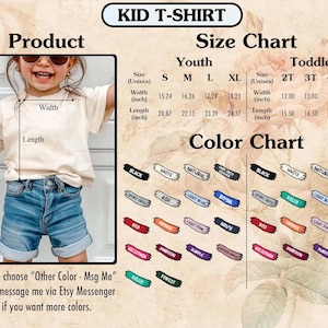 Puede incluir: Una camiseta beige para ni&ntilde;os con una tabla de tallas y colores. La tabla de tallas incluye medidas en pulgadas para tallas juveniles y de ni&ntilde;o peque&ntilde;o. La tabla de colores muestra varios colores, incluyendo negro, blanco y rojo.