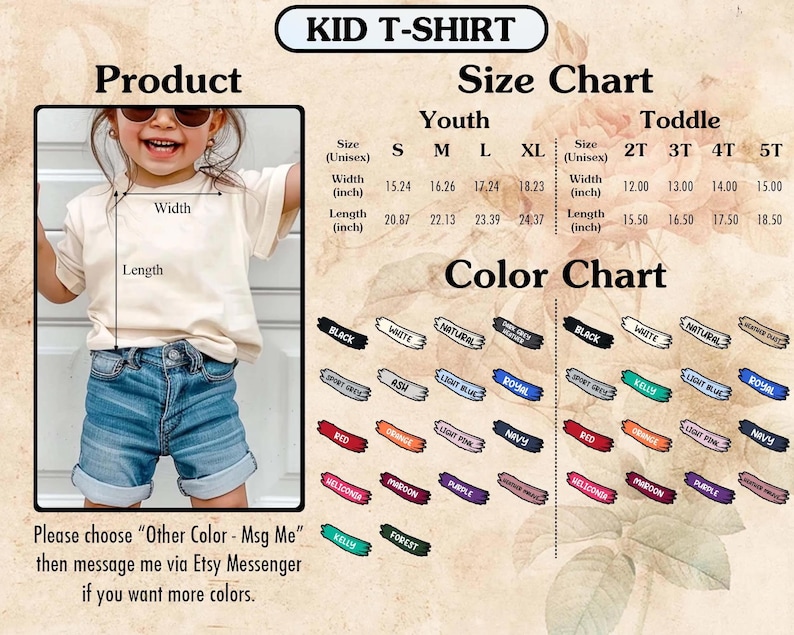 Puede incluir: Una camiseta beige para ni&ntilde;os con una tabla de tallas y colores. La tabla de tallas incluye medidas en pulgadas para tallas juveniles y de ni&ntilde;o peque&ntilde;o. La tabla de colores muestra varios colores, incluyendo negro, blanco y rojo.