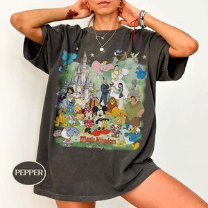 May include: Dark gray t-shirt featuring a colorful graphic of various Disney characters, including Mickey and Minnie Mouse, Aladdin, and Cinderella, with a castle backdrop. The text "Magic Kingdom Walt Disney World" is printed below the characters.
