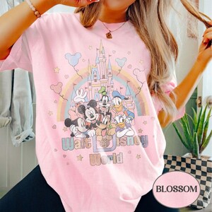 May include: Pink t-shirt featuring a colorful graphic of Disney characters, a rainbow, and a castle. The text "Walt Disney World" is printed below the characters. The shirt has short sleeves and a round neckline.