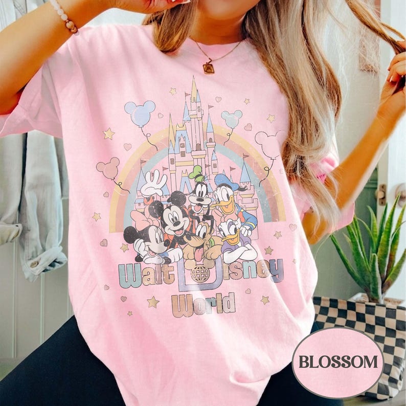 May include: Pink t-shirt featuring a colorful graphic of Disney characters, a rainbow, and a castle. The text "Walt Disney World" is printed below the characters. The shirt has short sleeves and a round neckline.