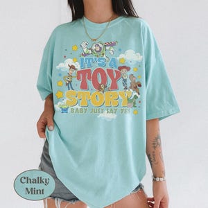 Peut inclure: Un t-shirt vert menthe clair avec une impression graphique des personnages de Toy Story, dont Woody, Buzz l'&Eacute;clair, Jessie et Zigzag. Le texte indique IT'S A TOY STORY BABY JUST SAY YES, entour&eacute; d'&eacute;toiles jaunes et de nuages blancs.