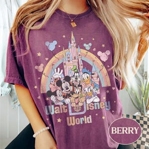 May include: Berry-colored t-shirt featuring a colorful graphic of Disney characters, a castle, and a rainbow. The text "Walt Disney World" is printed below the characters. The shirt has short sleeves.