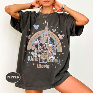 May include: Dark gray t-shirt featuring a colorful graphic of Disney characters, a rainbow, and a castle. The text "Walt Disney World" is printed below the characters. The shirt has short sleeves and a relaxed fit.