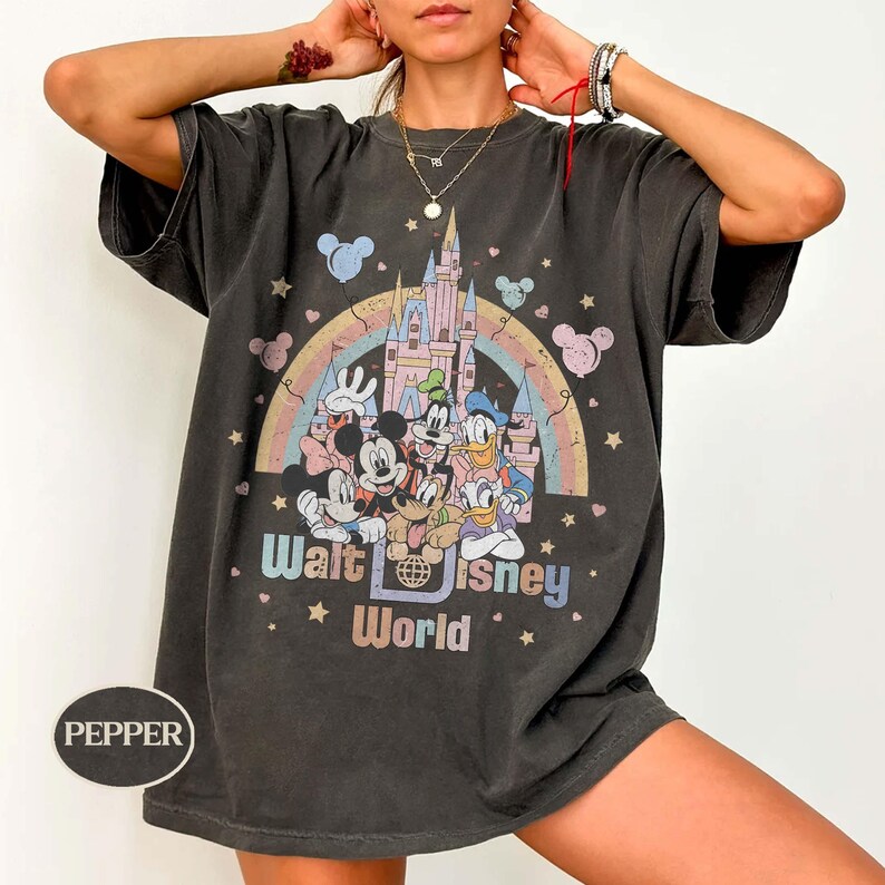May include: Dark gray t-shirt featuring a colorful graphic of Disney characters, a rainbow, and a castle. The text "Walt Disney World" is printed below the characters. The shirt has short sleeves and a relaxed fit.