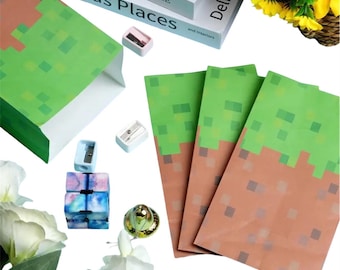 Pixel Party Gift Bags, Brown Green Flat Paper Favor Bags