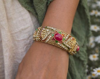 Vintage Style Gold Tone Hinged Bangle Bracelet: Red Green Enamel Rhinestone Indian Inspired Jewelry