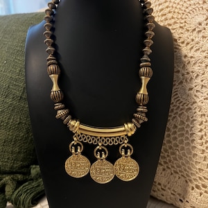 Gold Tone Coin Dangle Statement Necklace Vintage inspired Egyptian Revival Bold Glam Couture