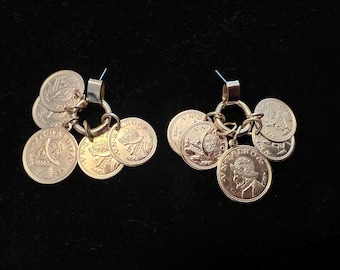 VTG 80s Coin Earrings Faux Balboa Panama Watergall Dangle Goldtone