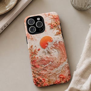 iPhone-hoesje met Japanse golven en zonsondergang, telefoonhoesje met kersenbloesem, stevig hoesje met bloemenprint voor iPhone 13 14 15 16 17 Pro Max Samsung-hoesje
