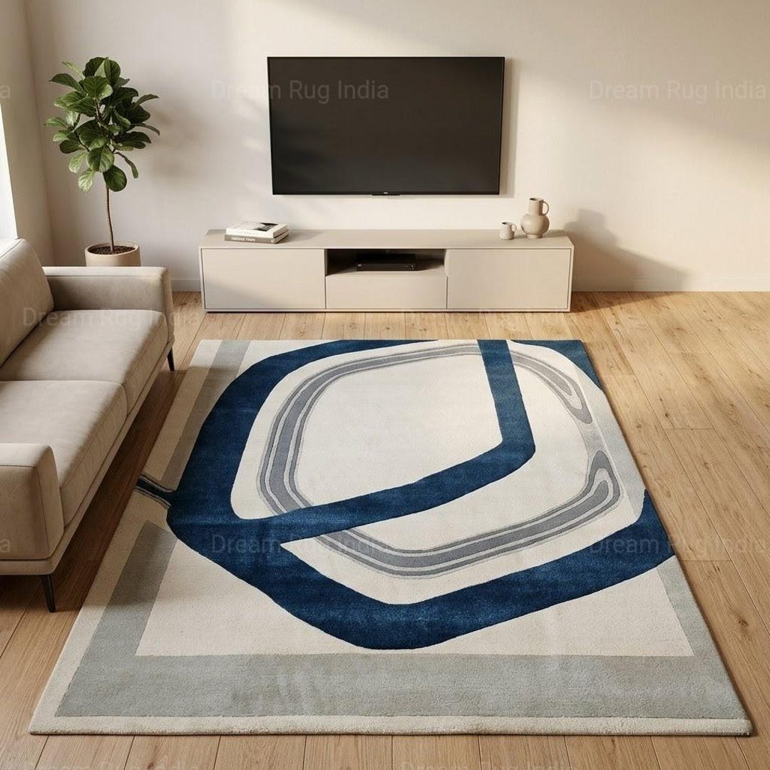 Hand Tufted Blue Abstract Geometric Rug, Modern Living Room Carpet - Etsy