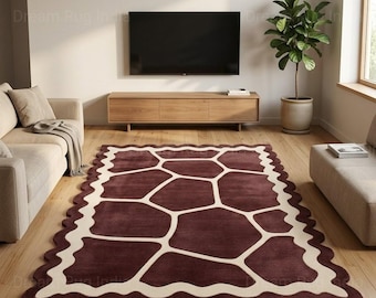 Handmade Geometric Tufted Rug | Brown Cream Scalloped Edge Carpet