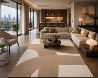 Handgetufteter Wollteppich, Beige Creme Abstrakter Geometrischer Teppich, Minimalistisches Wohnzimmerdekor