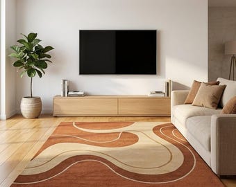 モダンな抽象柄の手織りラグ｜温かみのあるテラコッタとベージュの波模様｜ミニマルなリビングルーム用カーペット｜高級感のある柔らかなフロアラグ｜コンテンポラリー