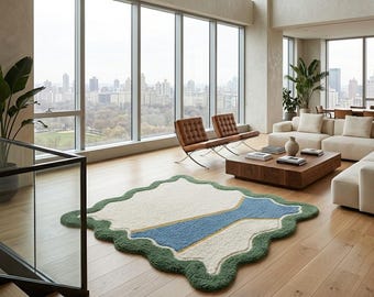 Hand Tufted Wool Rug, Wavy Edge Abstract Carpet, Cream Blue Green Mustard Home Decor