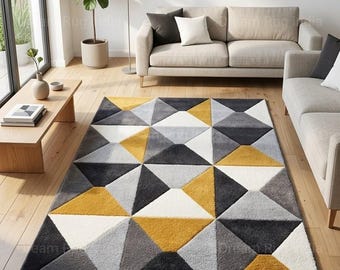Handmade Geometric Tufted Area Rug – Abstract Triangle Pattern, Mustard Yellow Grey Carpet
