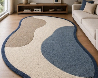 Alfombra de lana tejida a mano, forma orgánica abstracta, alfombra de pelo rizado azul, beige y crema.
