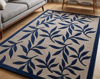 Hand Tufted Wool Rug, Navy Blue Botanical Leaf Loop Pile Carpet