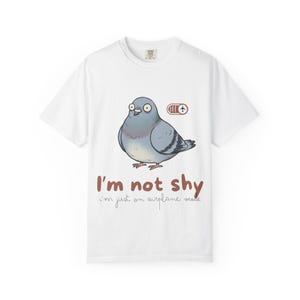 Socially Awkward Pigeon Shirt | I'm Not Shy I'm Just On Airplane Mode | Funny Introvert Gift | Quirky Derpy Bird | Wholesome Bird Lover Tee image 2