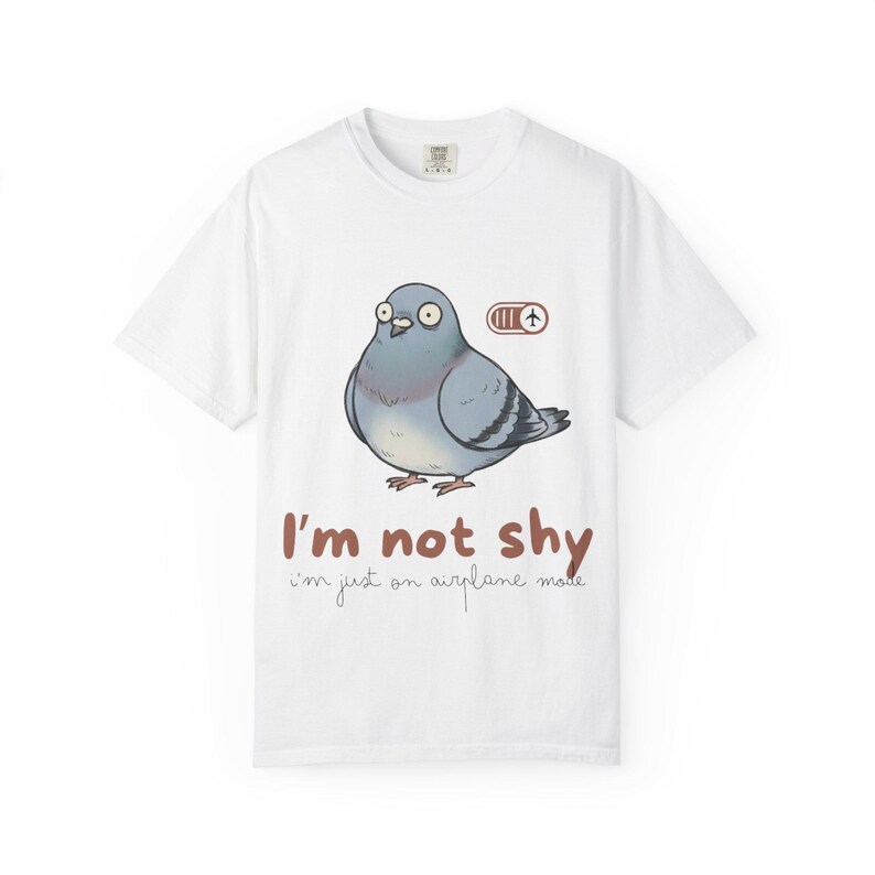 Socially Awkward Pigeon Shirt | I'm Not Shy I'm Just On Airplane Mode | Funny Introvert Gift | Quirky Derpy Bird | Wholesome Bird Lover Tee image 2