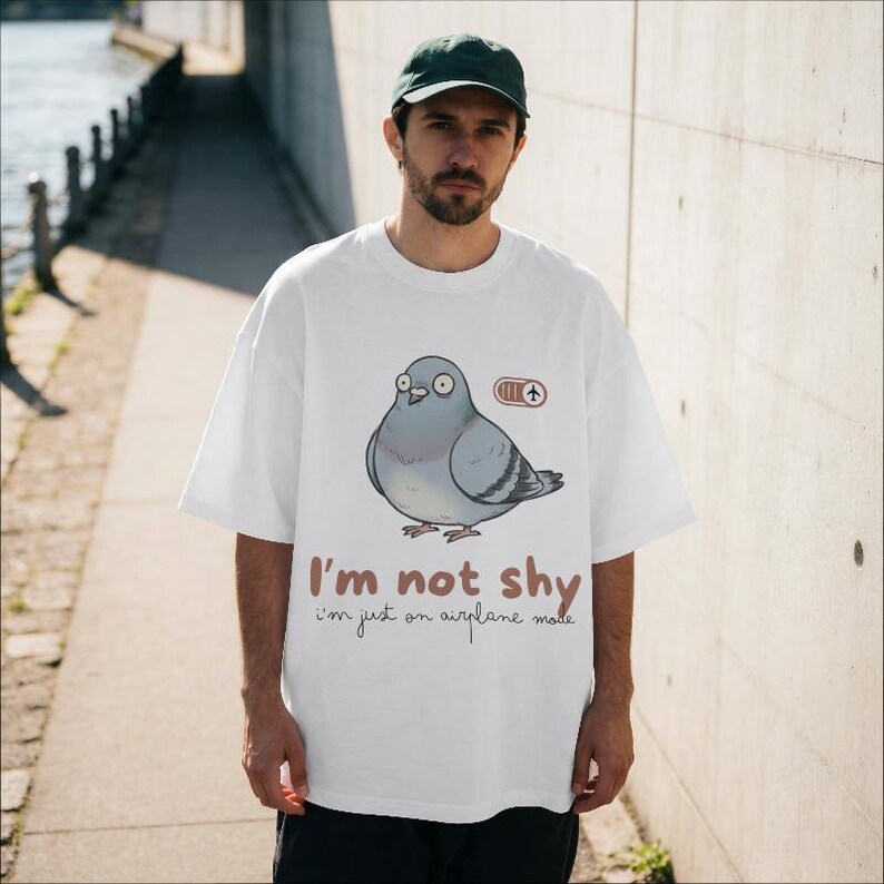 Socially Awkward Pigeon Shirt | I'm Not Shy I'm Just On Airplane Mode | Funny Introvert Gift | Quirky Derpy Bird | Wholesome Bird Lover Tee image 4