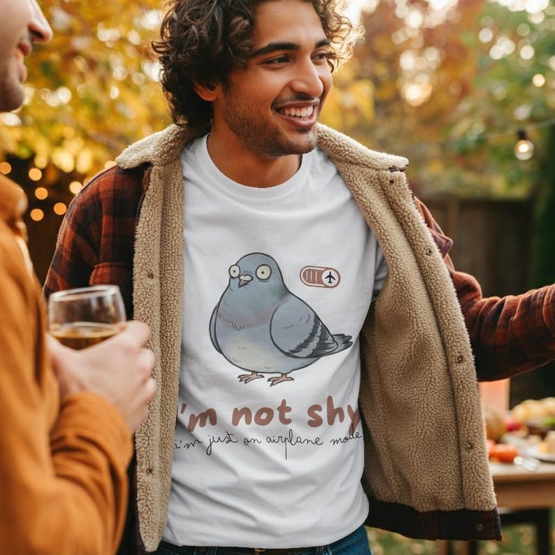 Socially Awkward Pigeon Shirt | I'm Not Shy I'm Just On Airplane Mode | Funny Introvert Gift | Quirky Derpy Bird | Wholesome Bird Lover Tee image 1