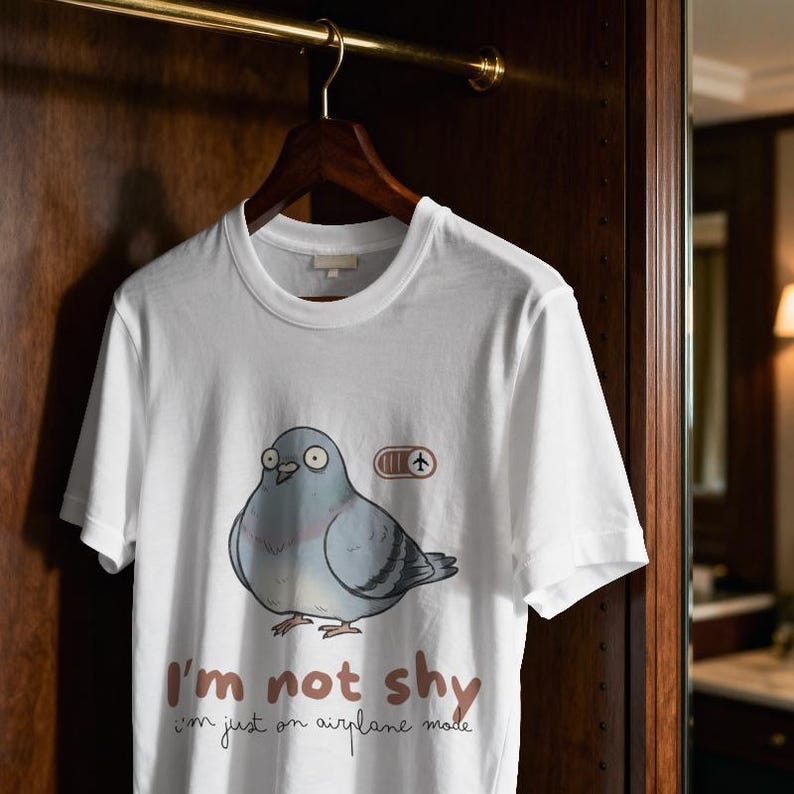 Socially Awkward Pigeon Shirt | I'm Not Shy I'm Just On Airplane Mode | Funny Introvert Gift | Quirky Derpy Bird | Wholesome Bird Lover Tee image 5