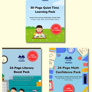 Puede incluir: Tres paquetes educativos de aprendizaje para niños de 6 a 7 años. Los paquetes incluyen un paquete de aprendizaje de 30 páginas para el tiempo tranquilo, un paquete de refuerzo de alfabetización de 24 páginas y un paquete de confianza matemática de 24 páginas.