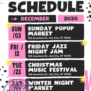 Könnte beinhalten: Veranstaltungskalender für Dezember 2030 mit einem Sonntags-Popup-Markt, Friday Jazz Night Jam, Christmas Music Festival und Winter Night Market. Das Poster hat ein rosa und schwarzes Farbschema mit Stern- und Wirbelakzenten.