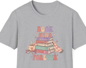 Camiseta gráfica "Book Nerd Forever" • Camiseta cómoda para amantes de la lectura, ropa de bibliotecario
