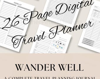 Planificador de viajes digital de 26 páginas: organizador de viajes, plantillas de itinerario, listas de equipaje, diario de vacaciones en PDF.