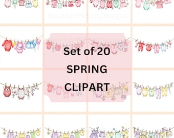 Imágenes prediseñadas de acuarela de ropa de bebé de primavera / Paquete de 20 imágenes PNG / Conjunto de imágenes prediseñadas de ropa para guardería