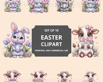 Paquete de diseños PNG de conejito de Pascua y vaca de las Tierras Altas para sublimación