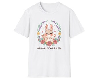 Camiseta con diseño de conejito "Las mamás hacen florecer el mundo" / Diseño floral de conejo para el Día de la Madre