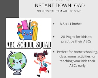 Páginas de práctica de escritura del equipo escolar ABC • Hojas imprimibles para practicar la escritura a mano de los niños (descarga digital)
