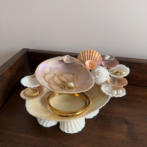 Puede incluir: Un joyero de varios niveles construido con varias conchas marinas naturales. La concha superior sostiene un collar dorado con un colgante de perla, mientras que la concha inferior más grande contiene dos brazaletes dorados. Se incluyen conchas pequeñas y pendientes dorados.