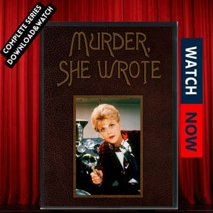 Może przedstawiać: Pudełko DVD serialu "Murder, She Wrote". Pudełko ma brązową teksturę przypominającą skórę z tytułem serialu złotymi literami. Zdjęcie głównej bohaterki trzymającej lupę znajduje się na środku. Słowa "Complete Series Download & Watch" znajdują się w lewym górnym rogu.