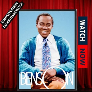 May include: A framed poster featuring a smiling man wearing a blue cardigan, white shirt, and patterned tie. The poster has the title "BENSON" in large white letters. Text on the poster reads "COMPLETE SERIES DOWNLOAD & WATCH" and "WATCH NOW".