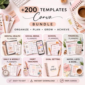 Peut inclure: Image promotionnelle d'un pack Canva avec plus de 200 modèles. L'image présente différents types de planificateurs, notamment pour la santé mentale, les réseaux sociaux, l'école et les finances. La conception est dans des couleurs pastel douces, avec le texte "Canva Bundle".