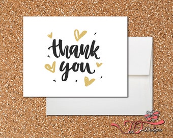Gold Hearts Blank Thank You Cards - Set of 10, 20, 30, 40 or 50 comes with envelopes