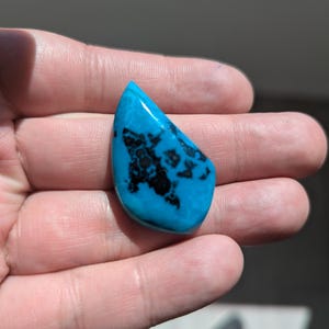 May include: A teardrop-shaped turquoise gemstone with black matrix patterns. The polished stone is a vibrant blue color, held in a hand, and is likely used for jewelry or lapidary work.