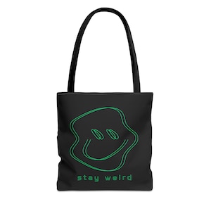 Stay Weird Graphic Tote | Y2K Aesthetic Black Tote Bag | 90s Alternative Style | Trendy Reusable Tote | Unique Gift for Her | Smiley Face
