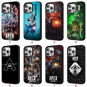 Könnte beinhalten: Acht schwarze Handyhüllen mit verschiedenen Designs. Die Hüllen zeigen Charaktere und Logos aus dem Videospiel "Apex Legends". Zu den Designs gehören Charakterillustrationen, Logos und der Titel des Spiels. Die Hüllen sind für ein Smartphone konzipiert.