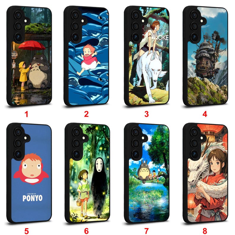 May include: A collection of eight phone cases featuring colorful illustrations of animated characters and scenes. Each case has a black border and a unique design, including characters from popular animated films.