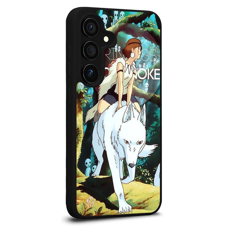 May include: Black phone case featuring a vibrant illustration from the animated film Princess Mononoke. The design showcases a woman riding a white wolf in a forest setting, with the film's title visible.