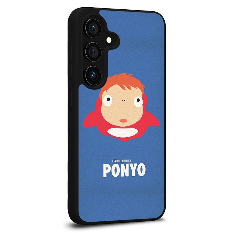May include: A black phone case featuring a blue background with a cartoon image of Ponyo in a red outfit. The text "PONYO" is displayed in white, with "A STUDIO GHIBLI FILM" above it.
