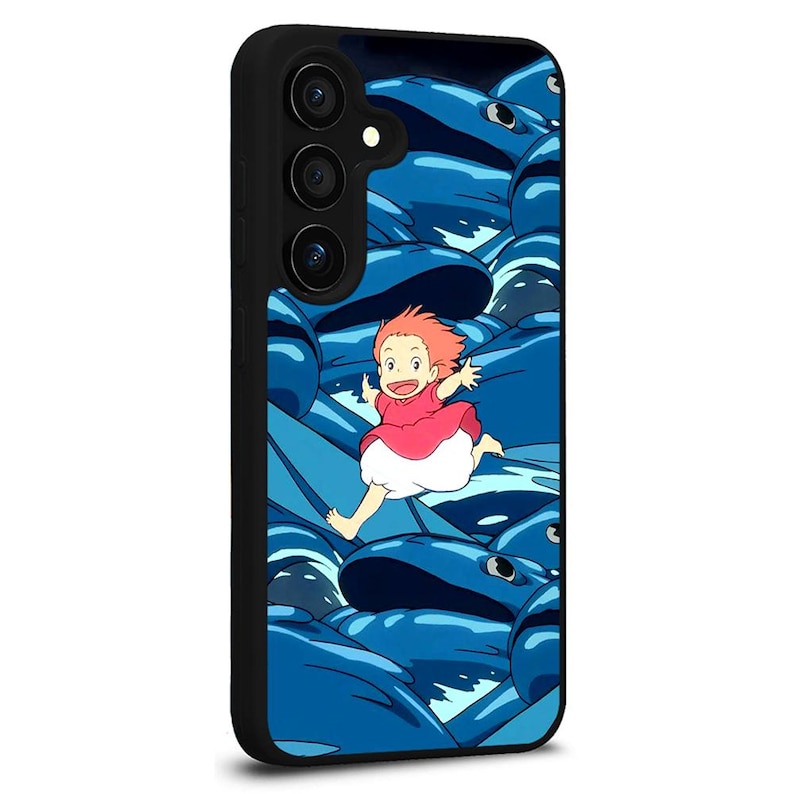 May include: Black phone case featuring a vibrant illustration of a character running through a sea of blue creatures. The character has red hair and is wearing a red dress and white shorts. The case has a black border and a camera module.