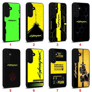 May include: A collection of eight phone cases with various designs. The cases feature black frames and colorful graphics, including neon green, yellow, and black color schemes. The text "Cyberpunk" and other graphics are visible on the cases.