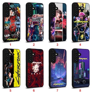 May include: A collection of eight black phone cases with various designs. The cases feature graphics and text related to the Cyberpunk theme, including cityscapes, character portraits, and the Cyberpunk logo. Each case has a different design.